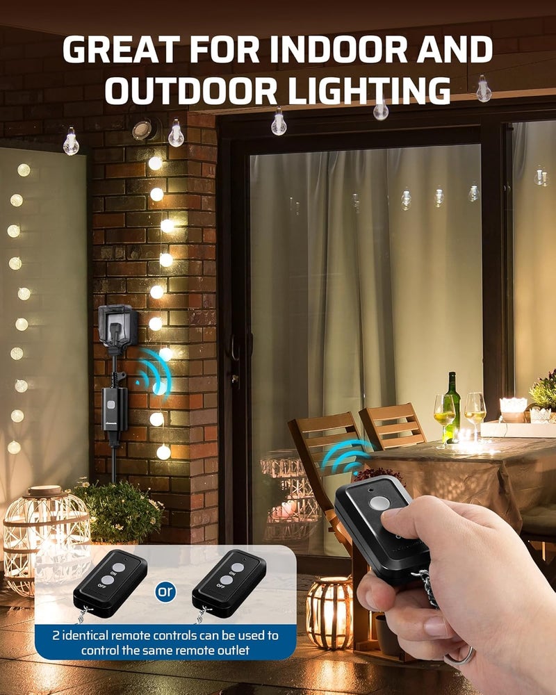 DEWENWILS Outdoor Remote Control Outlet, 15A Wireless Remote Control Switch, 100FT Control Range&14AWG SJTW Power Cord, for Outdoorfor Christmas Light, 2 Remote Controls+1 Outlet - Image 5